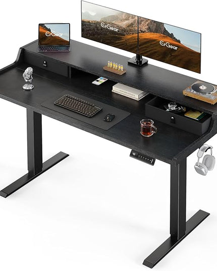ErGear Electric Standing Desk with Drawers, 55″ x 28″ Gaming Table Compatible Monitor Stand, Stand up Desks, Home Office Height-Adjustable Desk with Storage Shelf, 4 Preset Heights, Black