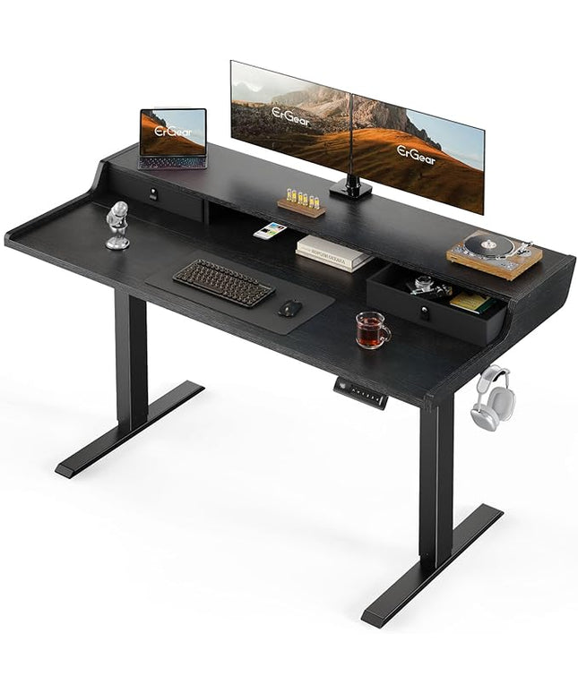 ErGear Electric Standing Desk with Drawers, 55″ x 28″ Gaming Table Compatible Monitor Stand, Stand up Desks, Home Office Height-Adjustable Desk with Storage Shelf, 4 Preset Heights, Black