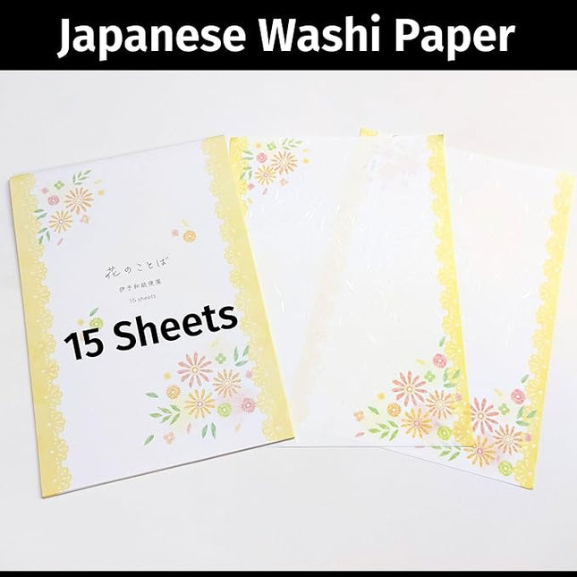 Iyo Washi Stationery Paper 15 Sheets (9.7 x 6.9 inch), Made in Japan, Yellow Flowers Stationery Paper Japanese Paper, Printable, Inkjet Printer, for Letter Writing, Greeting Card