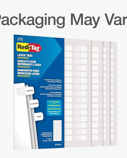Redi-Tag Laser Index Tabs, Divider Tabs, Permanent Adhesive Index Labels Customizable Divider Labels, 7/16" x 1", White, 675 Tabs (B39000)