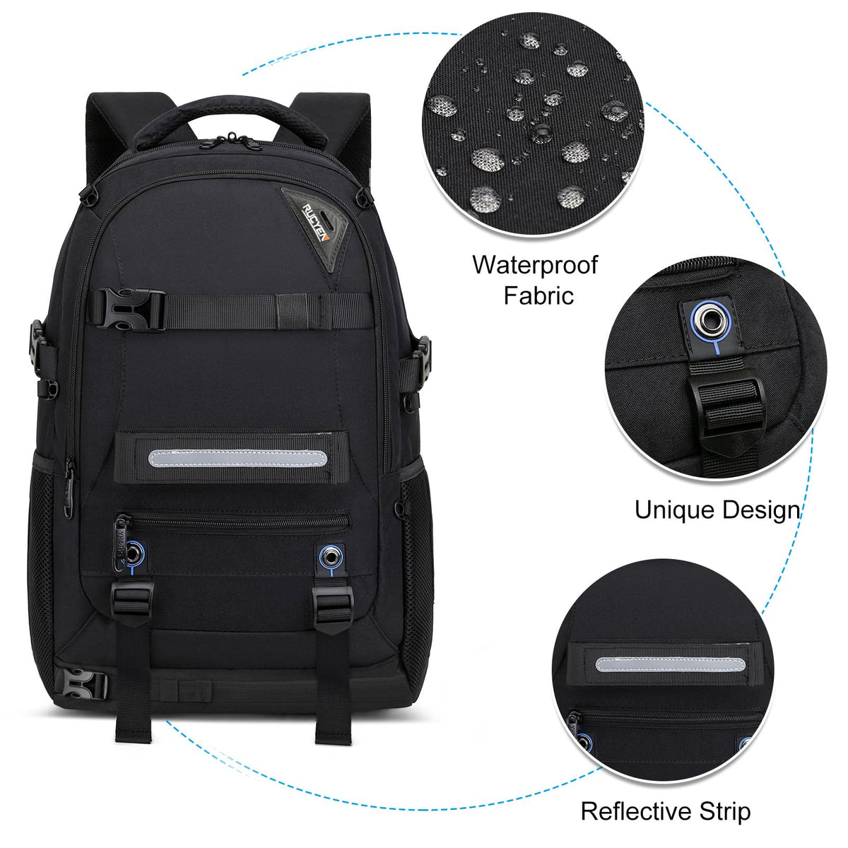 RUCYEN Skateboard Backpack, Laptop Backpack, Hidden Mesh and Anti-Theft Pockets, Waterproof Fabric, Fits up to 15.6 Inch Laptop, for Business Travel Men Women(Black)