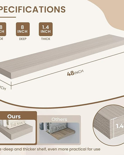 Dreamland 48 Inches Floating Shelves for Wall, 8" Deep Long Floating Shelves Set of 1, Large Display & Storage Shelf, Wall Shelf for Bathroom Bedroom Living Room Kitchen Office, Grey