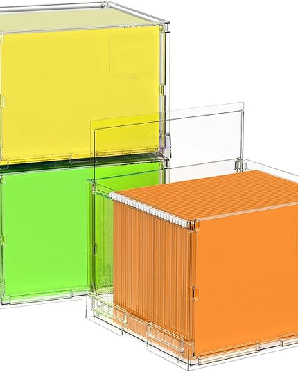 File Organizer Box with Lid,Hanging Filing Folder Organizer for Document Storage with Plastic Slide,Letter-size File Holder Filing Box for Office/Home/Decor/（3Pack）