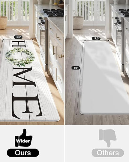 KIMODE Kitchen Mats Cushioned Anti Fatigue 24" x 71", Farmhouse Kitchen Rugs Runner Stain Resistant, Wide Ergonomic Standing Long Non Slip Waterproof Kitchen Floor Mat for Sink Laundry, White