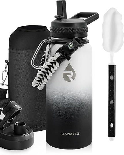 Insulated Water Bottle 32 oz, Triple Wall Vacuum Stainless Steel (Cold for 48 Hrs), Leak Proof & Non-BPA, Modern Water Flask Jug with Paracord Handle & Straw Spout Lids, Ombre: White/Black