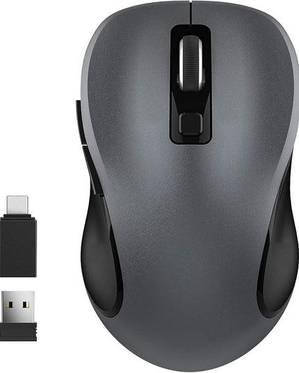 WisFox 2.4G Wireless Mouse for Laptop, Ergonomic Computer Mouse with USB Receiver and Type-C Adapter, 3 Adjustable Levels, 6 Button Cordless Mice for Windows Mac PC Notebook (Grey and Black)