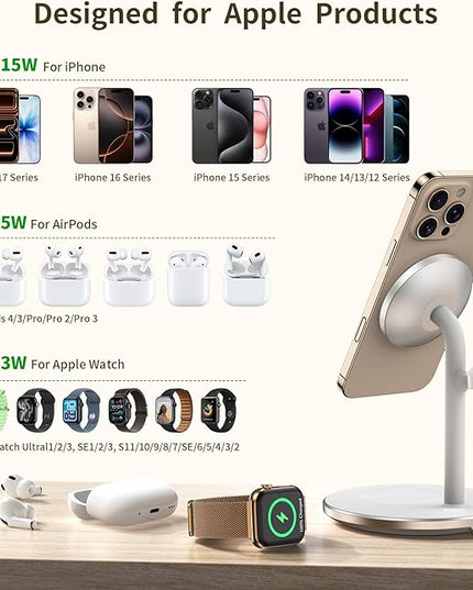 XooFly 3 in 1 Wireless Charging Station for Apple Devices, 15W Fast Wireless Mag-Safe Charger Stand with 20W Adapter for iPhone 17 16 15 14 13 12 Pro Max/Air/Plus/Pro/Mini,iWatch,AirPods (White)