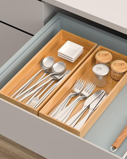 Bamboo Drawer Organizer, Stackable Utensil Organizer for Kitchen, Bamboo Storage Box Wood Silverware Tray for Drawer 15" x 6" x 2" Set of 2
