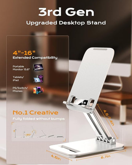 LISEN Tablet Stand for iPad Stand Holder Desk, Foldable Home Office Desk Accessories Travel for iPad Holder Dorm College Essentials Portable Monitor Stand Fits Tabs Kindle iPhone 4-15.9" White