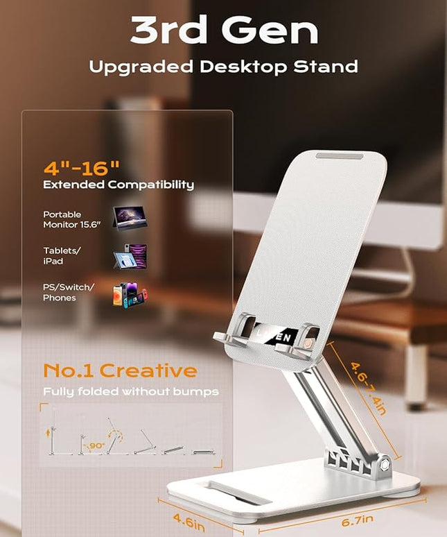 LISEN Tablet Stand for iPad Stand Holder Desk, Foldable Home Office Desk Accessories Travel for iPad Holder Dorm College Essentials Portable Monitor Stand Fits Tabs Kindle iPhone 4-15.9" White