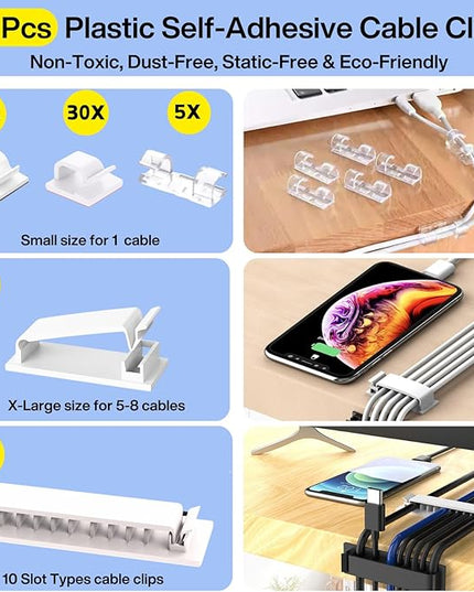 [313Pcs] Cable Management Kit, 67 Adhesive Cable Clips, Topavatop Desk Cord Organizer, 22 Reusable Cable Strap, 4 Cable Sleeve Split, 200 Nylon Cable Zip Ties with 20 Mounts for TV Office Home, White