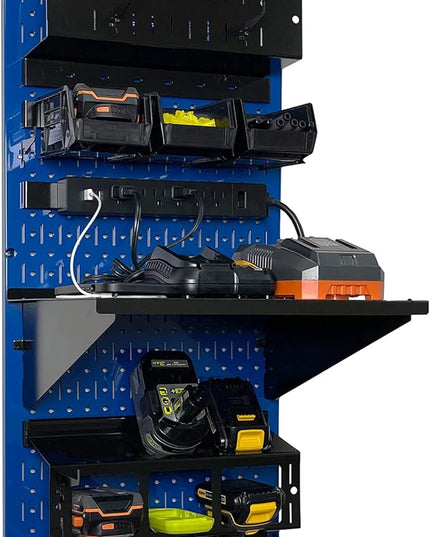 Wall Control Power Tool Storage Organizer Kit Cordless Drill Holder Charging Station Rack 16” x 32” Metal Pegboard Organization System (Blue Pegboard)