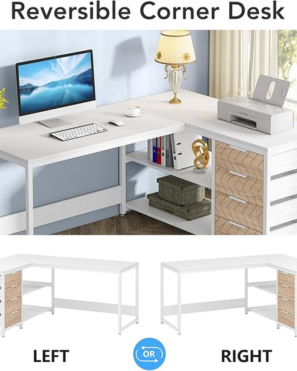 Tribesigns L Shaped Computer Desk with Storage Drawers, 59 inch Corner Desk with Shelves, Reversible L-Shaped Office Desk Study Writing Table Workstation for Home Office, White