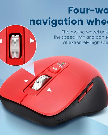 Wireless Bluetooth Mouse (USB + BT1 + BT2), Full Size, 4-Way Scrolling, Multi-Device Silent Mouse for Computer, Laptop, iPad, MacBook (Red)