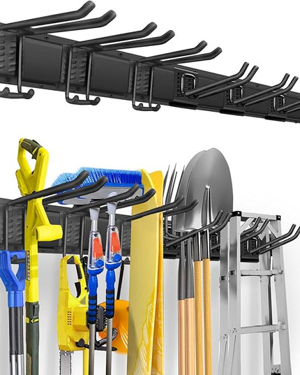 Garden Tool Organizer Wall Mount, Heavy Duty 48 Inches Garage Organization and Storage Racks for Yard Tools with 6 Hooks, Tool Hangers Holders for Hanging Folding Chair, Rake and Shovel
