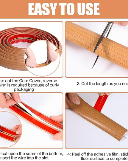 Floor Cord Cover Cavity 0.8"x0.37" Self Adhesive Cord Hider, 10FT Low Profile Cable Management, Extension Strip Protector for Wires, Prevent Cable Trips for Offices, Gyms, Exhibitions (Brown Wood)