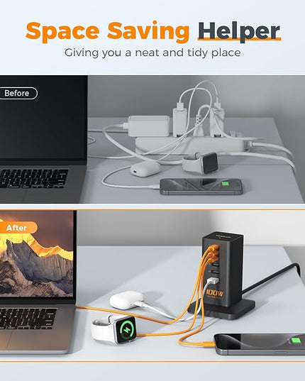 USB C Charger Blcok PD 100W, TESSAN 6-in-1 Charging Station for Multiple Devices, Desktop Tower Charger with 6 USB Ports for iPhone 17/16/15, MacBook, Tablet, Office Home Dorm Room Accessories