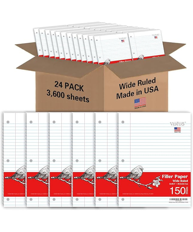 WritePads Loose Leaf Notebook Paper, 8"x10-1/2" Wide Ruled Lined Paper, Bulk Filler Paper, 3 Hole Punched For 3 Ring Binder, 150 Sheets/Pack, 24PK Per Carton, 3600 Sheets, Made In USA