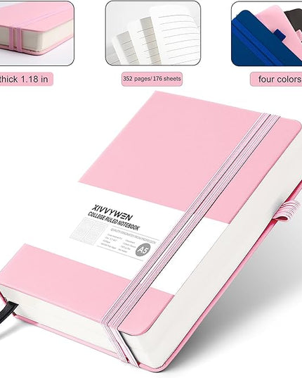 Lined Journal Notebook for Women Men, 352 Pages A5(5.7" x 8.3")College Ruled Hardcover Leather Journals for Writing, Daily Journal Notebooks for Work, Note Taking, Travel, School, Business (Pink)
