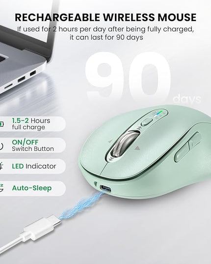 Wireless Bluetooth Mouse for Laptop,USB+BT×2,Quiet Ergo Computer Mouses,Metal 4-Way Super Scrolling,± 3200 DPI,Rechargeable,10 Button,Plug&Play,Multi Device Cordless Mice for iPad,Tablet,Mac,PC(Green)