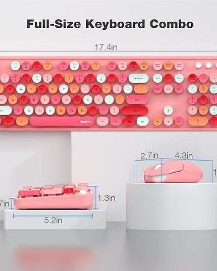 MOFII Wireless Keyboard and Mouse Combo, Pink Wireless Keyboard, 2.4GHz Retro Full Size with Number Pad & Cute Mouse for Computer PC Laptop Windows XP/7/8/10 (Pink-Colorful)