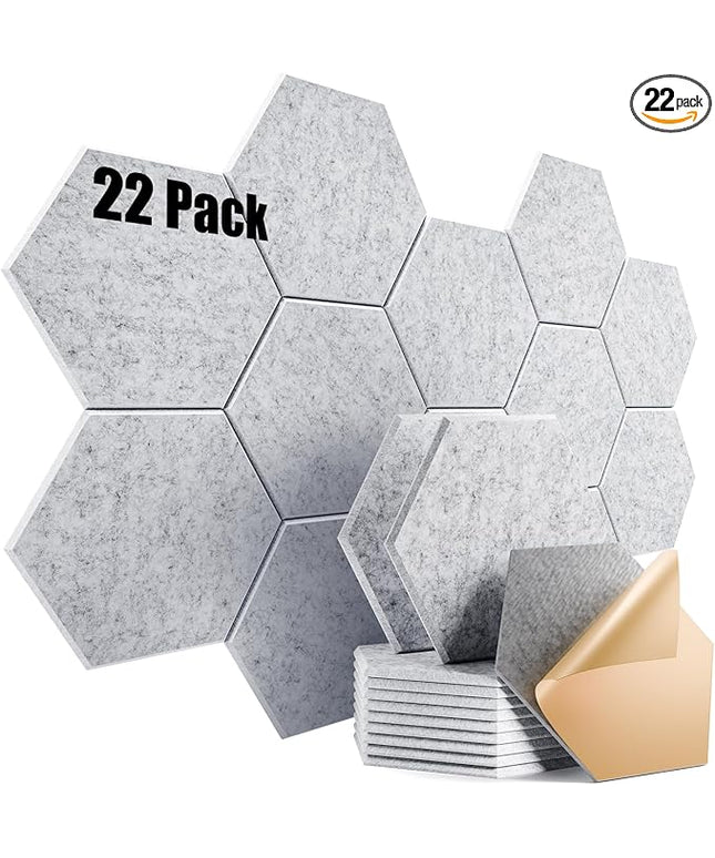 22 Pack Self-Adhesive Acoustic Panels 12" X 10" X 0.4" - Sound Proof Foam Panels with High Density, Hexagonal Design, Flame Resistant, Absorb Noise and Eliminate Echoes(Silvergray)