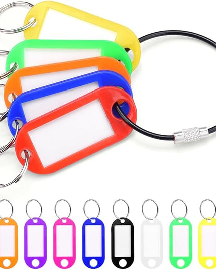 10 Pack Plastic Key Tags with Labels and Split Ring, Black Keychain Cable and Key Labels for Keys, USB Drive and Luggage Organization - Multicolored