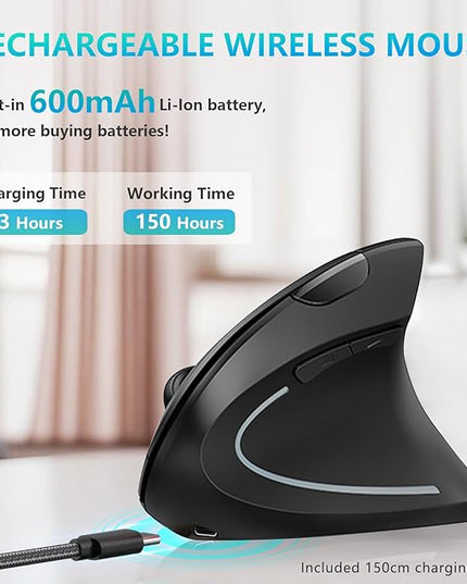 Ergonomic Mouse, LEKVEY Vertical Wireless Mouse - Rechargeable 2.4G Optical Vertical Mice : 3 Adjustable DPI 800/1200/1600 Levels 6 Buttons, for Laptop, Mac, PC, Computer, Desktop, Notebook etc, Black
