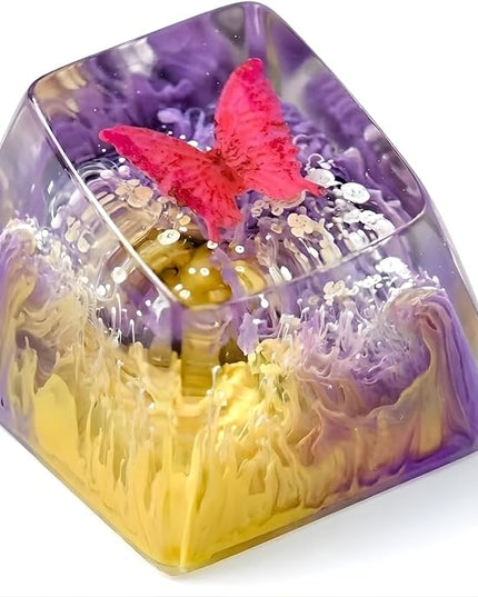 Pink Butterfly Artisan Keycap Yellow and Purple R1 SA Profile Custom Keycaps 1U ESC Handmade Gaming Resin Key Cap Cherry MX Switch Compatible Mechanical Keyboard Butterfly Lover Gift
