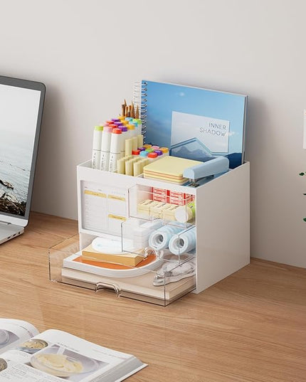 Marbrasse Desk Organizer with 3 Drawer, Multi-Functional Pencil Pen Holder for Desk, Desk Organizers and Accessories with 4 Compartments, Desktop Organizer Storage for Office Home Art Supplies (White)