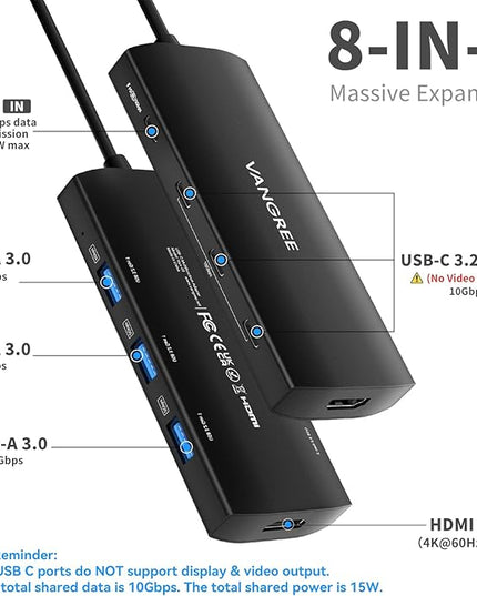 USB C Hub 8 in 1 Multiport Adapter, 3 USB 3.2 Gen 2 Ports with 10Gbps, 3 USB-A 3.0 5Gbps, 4K@60Hz HDMI, 100W PD, USBC Splitter for MacBook Pro, iPad Pro, Mac mini and More(Not Support USB-C Monitor)