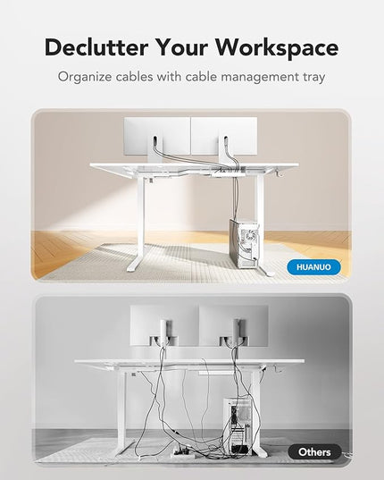 HUANUO 71 x 48 inch Dual Motor L Shaped Electric Standing Desk with 3 Preset Heights, Electric Height Adjustable Computer Table, 2 Hooks & Cable Tray, Raising Desk for Home Office, White