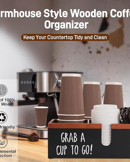 Intarsio 100% Wooden Coffee Cups Holder with U-Shape Cutout Design for Countertop-Coffee Bar Organizer for Cups, Lids, Pods, Stirrers, and Accessories, Great Gift for Home or Office