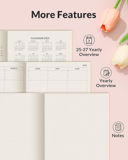 SUNEE 2026 Daily Planner A5 Hardcover – Hourly Schedule Organizer with Monthly Tabs & Task Tracker – Beige Cover Time Management Notebook for Work, School, Personal Goals