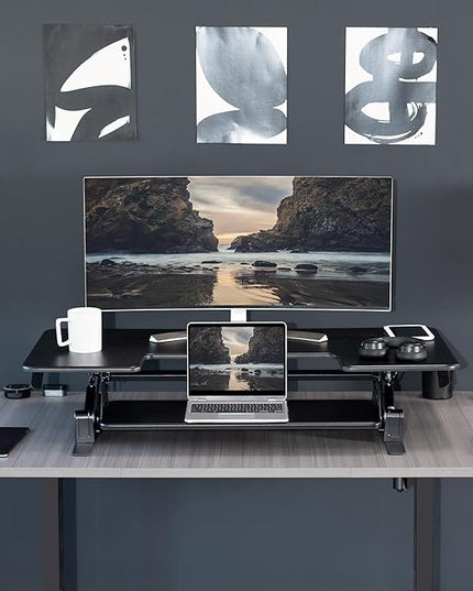 VIVO 48 inch Height Adjustable Large Stand Up Desk Converter, V Series, Quick Sit to Stand Tabletop Dual Monitor Riser Workstation, Black, DESK-V048V