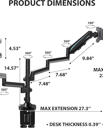 EUREKA ERGONOMIC Dual Monitor Stand, Fully Adjustable Gas Spring Double Monitor Arms for PC Computer Screen 13 to 32 inch up to 17.6 LBS W VESA 75x75mm,100x100mm C Clamp Grommet Base, Black