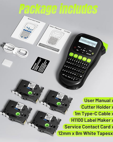 Label Maker Machine with 4 Tapes, Wire Label Maker Waterproof-Labels, Laminated Handheld Label Printer, Backlit & Portable & One-Touch Key, H1100 Labeler for Industrial Office Organization