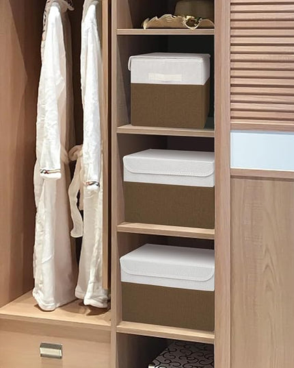 Large 17" 42 Quarts Collapsible Stackable Storage Bins with Lids [3-Pack] Foldable Fabric Linen Storage Boxes Cube, Closet Organizer Baskets with Label for Home (16.7 x 12 x 12", Brown & White)