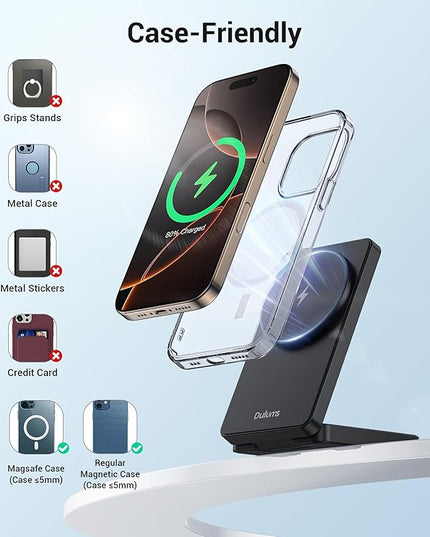 Folding Wireless Charging Stand, Magnetic 15W Fast Charging Station Mag-Safe Travel Lightweight Charger Compatible for iPhone 17/16/16 Pro/16 Pro Max/16 Plus/15/14/13/12 Series, AirPods 4/3