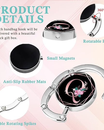 Pink Initial Foldable Purse Hook, Flower Letter Handbag Hanger, Women's Bag Hanger Hook, Round Purse Table Hook, Funny Desk Hook Gift for Family Colleague Friend Office Worker (Flower Q)