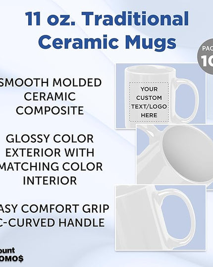 Custom Ceramic Coffee Mugs 11 oz. Set of 100, Personalized Bulk Pack - Coffee cup set, Iced coffee cup, Gaming mug - White