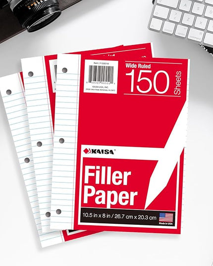 KAISA Filler Paper Loose Leaf Paper, Wide Ruled Paper, 8"x10-1/2", 3-Hole Punched Binder Paper For 3-Ring Binders,150 Sheets/pack 3Pack, F15001W