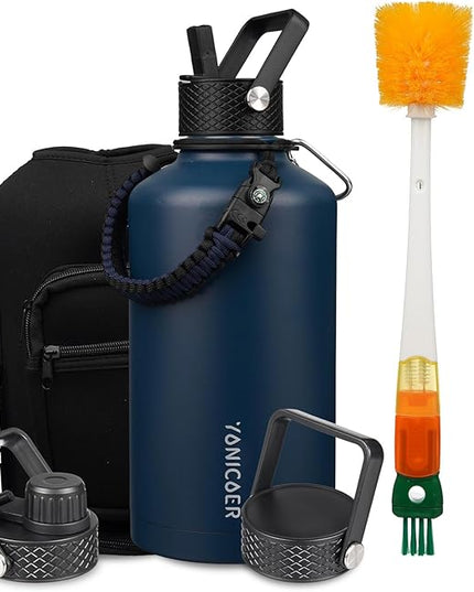 Insulated Water Bottle 87oz,Triple Wall Vacuum Stainless Steel(Dishwasher Safe),Leak Proof & Non-BPA,Flask Jug with Paracord Handle & Straw Spout Lids Sports Navy Blue