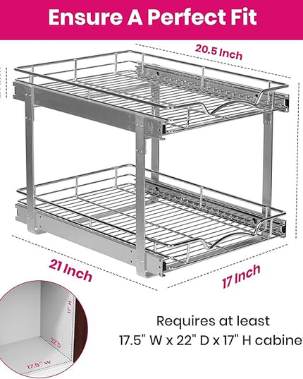 HOLDN’ STORAGE Two Tier Pull Out Cabinet Organizer, Individual Sliding Drawers - Heavy Duty Metal with Lifetime Limited Warranty - Anti Rust Chrome Finish - 17" W x 21”D x 16.5" H