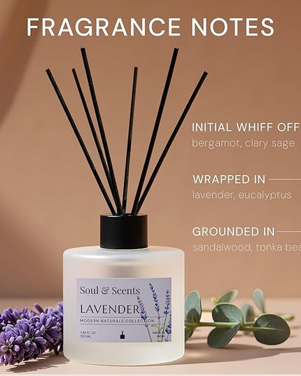Soul & Scents Reed Diffuser Set – Lavender | 7.43 oz Refillable Scented Oil with 6 Fiber Sticks | Long-Lasting Home Fragrance & Air Freshener for Bedroom, Bathroom, Office | Gift & Décor Piece