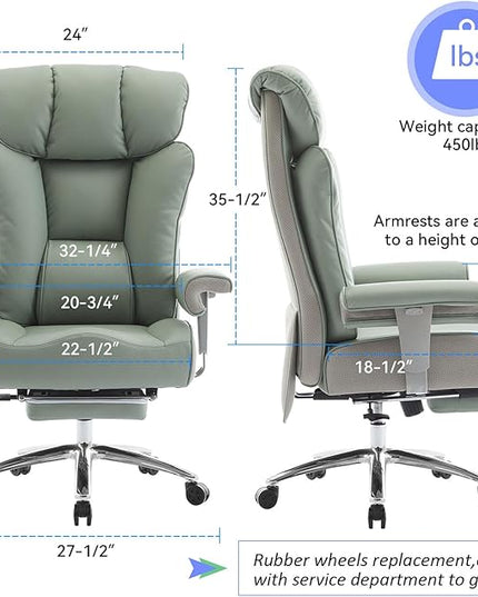 Efomao Big and Tall Green Office Chair 450LBS – Ergonomic High-Back Executive Chair with Footrest, Adjustable Padded Armrests, PU Leather Computer Chair with Lumbar Support for Home or Office，Green