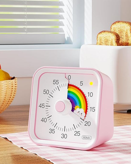 InfPokid Visual Timer for Kids with Pause Function, Cute Silent Timer with Rainbow for Classroom, Teaching, Task, Kitchen, 60 Minute Countdown Time Management for ADHD (Rainbow Pink)