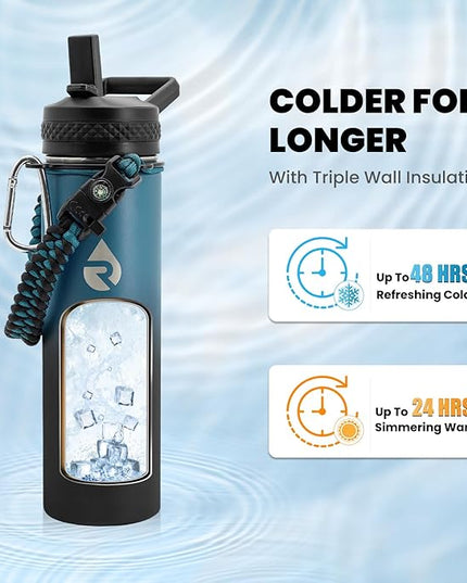 Insulated Water Bottle 20 oz, Triple Wall Vacuum Stainless Steel (Cold for 48 Hrs), Leak Proof & Non-BPA, Kids Water Bottle Jug for School with Straw Spout Lids, Indigo/Black