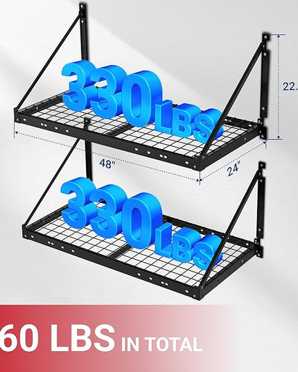 FLEXIMOUNTS 2-Pack 2x4ft Garage Wall Shelving with 4 Hooks - Heavy Duty Garage Storage System, 660 lbs Load Capacity with Brace Guardrail, Wall Mounted Organization for Bikes, Tools, Bins, Pro Series