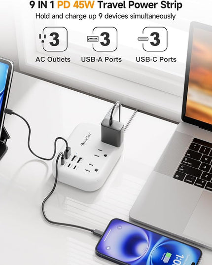 PD45W USB C Travel Power Strip, Cruise Power Strip with 6 USB(3 USB C) Ports and 3 Outlets, 5Ft Flat Plug Braided Extension Cord, 45W Fast Charging Station for MacBook Laptops iPad Pro iPhone Samsung